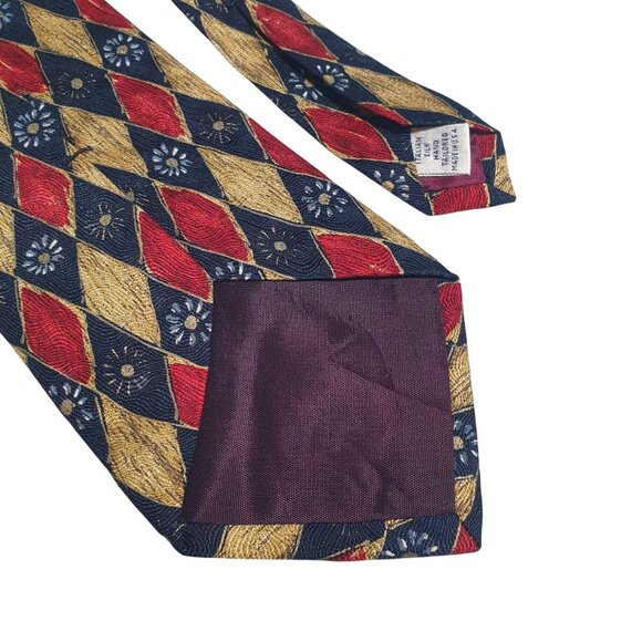 Paul Fredrick Silk Tie Harlequin Red Gold Blue Diamond Daisies Handmade Italy - Picture 5 of 5